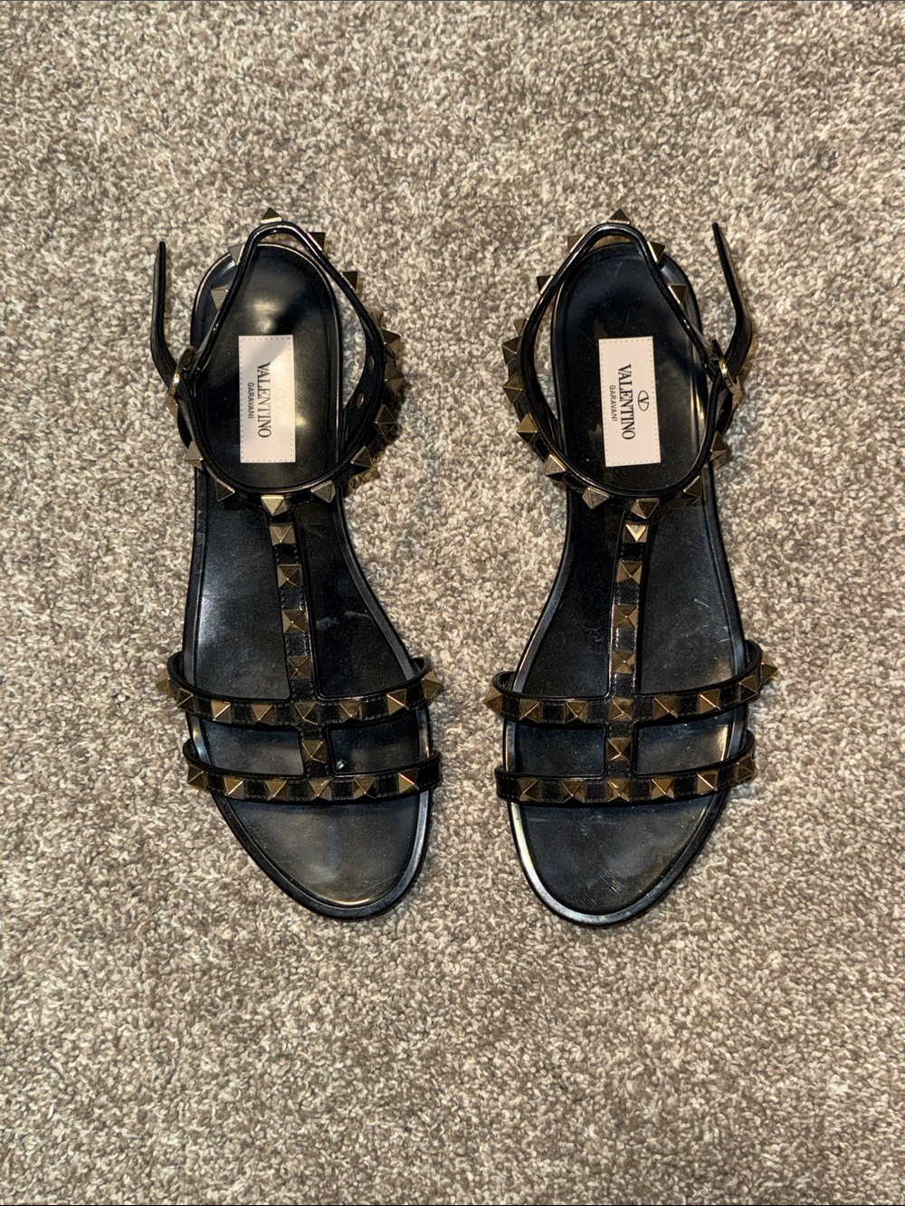 Valentino Black Rockstud T-Strap Sandals